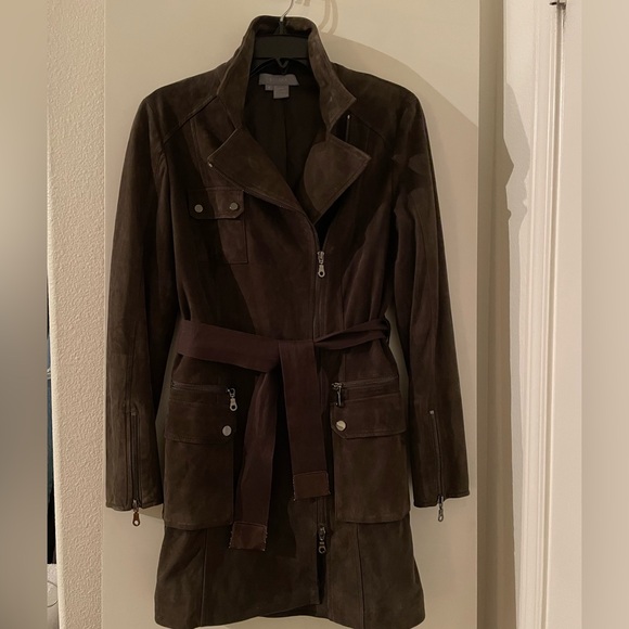 Sz 6 Suede Real Leather Jacket Trench Coat Dk.Brown Eccoci Lined NWOT new!